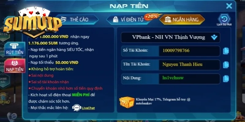 Nhập đúng thông tin để nạp tiền SUMVIP qua ngân hàng Nhập đúng thông tin để nạp tiền SUMVIP qua ngân hàng