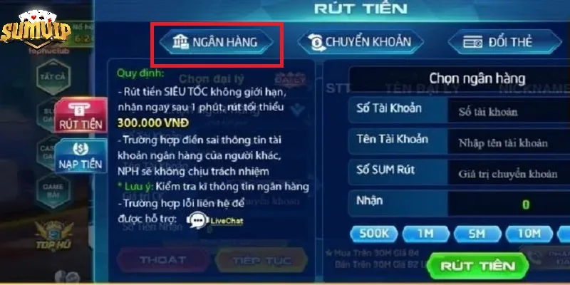 Rút tiền SUMVIP về ngân hàng Rút tiền SUMVIP về ngân hàng